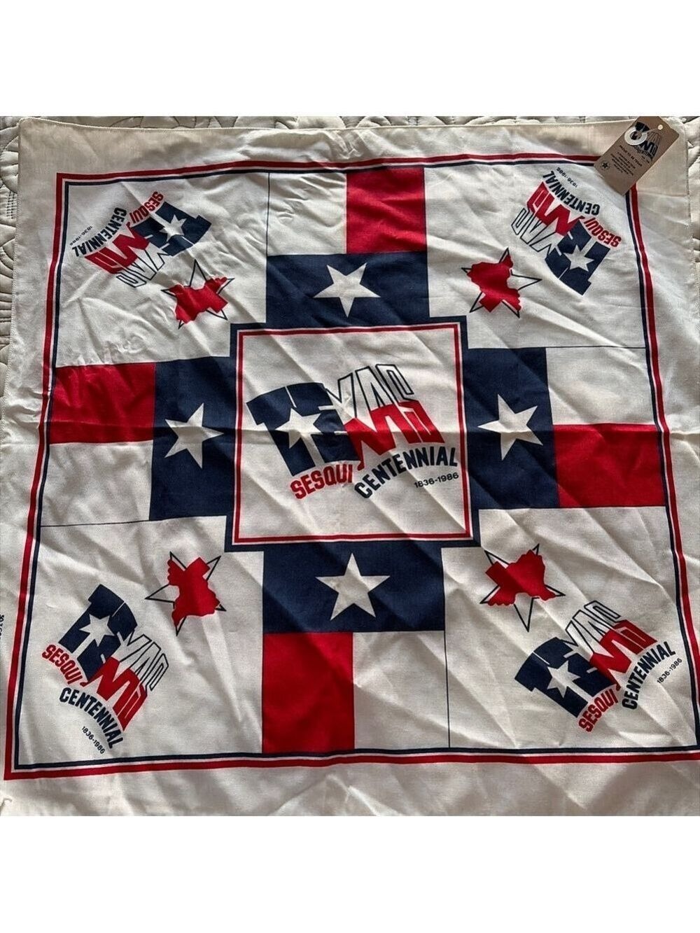 Vtg 1986 Unbranded Texas Sesquicentennial Scarf One Size White Red Blue #0025 - Picture 3 of 4